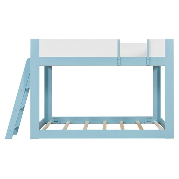 English Elm Full Size Low Bunk Bed Pine Wood Frame with Reversible Ladder and Safety Guardrails Blue LT000446AAC