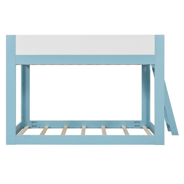 English Elm Full Size Low Bunk Bed Pine Wood Frame with Reversible Ladder and Safety Guardrails Blue LT000446AAC