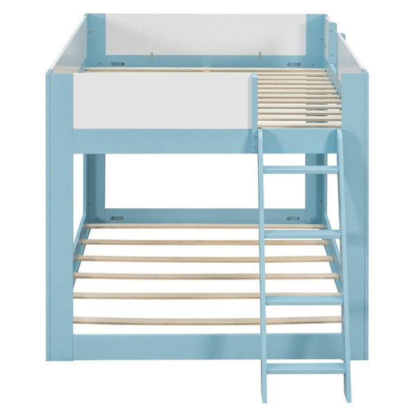 English Elm Full Size Low Bunk Bed Pine Wood Frame with Reversible Ladder and Safety Guardrails Blue LT000446AAC