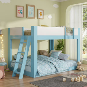 English Elm Full Size Low Bunk Bed Pine Wood Frame with Reversible Ladder and Safety Guardrails Blue LT000446AAC