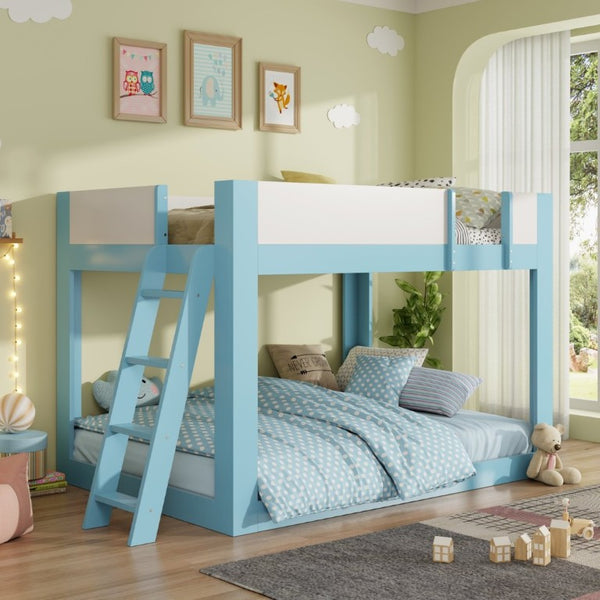 English Elm Full Size Low Bunk Bed Pine Wood Frame with Reversible Ladder and Safety Guardrails Blue LT000446AAC