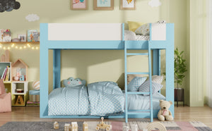 English Elm Full Size Low Bunk Bed Pine Wood Frame with Reversible Ladder and Safety Guardrails Blue LT000446AAC