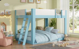 English Elm Full Size Low Bunk Bed Pine Wood Frame with Reversible Ladder and Safety Guardrails Blue LT000446AAC