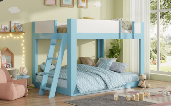 English Elm Full Size Low Bunk Bed Pine Wood Frame with Reversible Ladder and Safety Guardrails Blue LT000446AAC