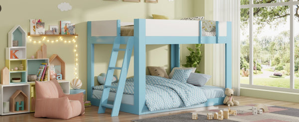 English Elm Full Size Low Bunk Bed Pine Wood Frame with Reversible Ladder and Safety Guardrails Blue LT000446AAC