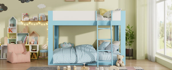English Elm Full Size Low Bunk Bed Pine Wood Frame with Reversible Ladder and Safety Guardrails Blue LT000446AAC