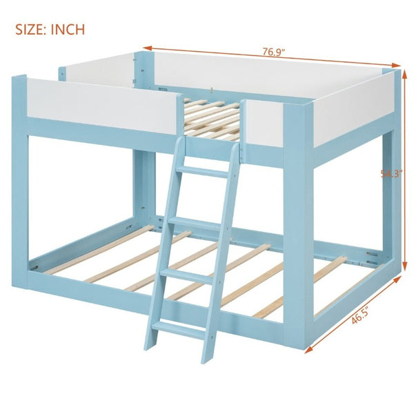 English Elm Full Size Low Bunk Bed Pine Wood Frame with Reversible Ladder and Safety Guardrails Blue LT000446AAC