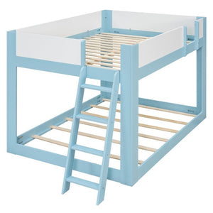English Elm Full Size Low Bunk Bed Pine Wood Frame with Reversible Ladder and Safety Guardrails Blue LT000446AAC
