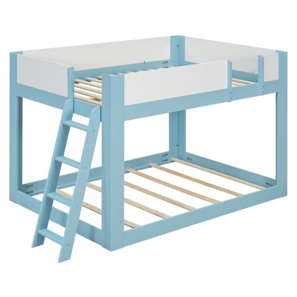 English Elm Full Size Low Bunk Bed Pine Wood Frame with Reversible Ladder and Safety Guardrails Blue LT000446AAC