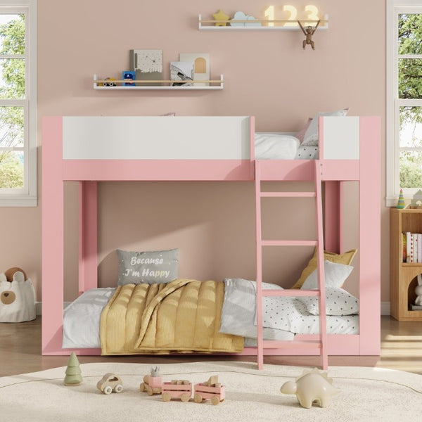 English Elm Full Size Low Bunk Bed Pine Wood Frame with Reversible Ladder and Safety Guardrails Pink LT000446AAH
