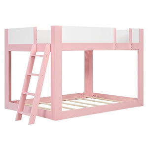English Elm Full Size Low Bunk Bed Pine Wood Frame with Reversible Ladder and Safety Guardrails Pink LT000446AAH