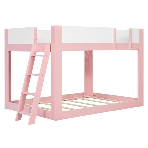 English Elm Full Size Low Bunk Bed Pine Wood Frame with Reversible Ladder and Safety Guardrails Pink LT000446AAH