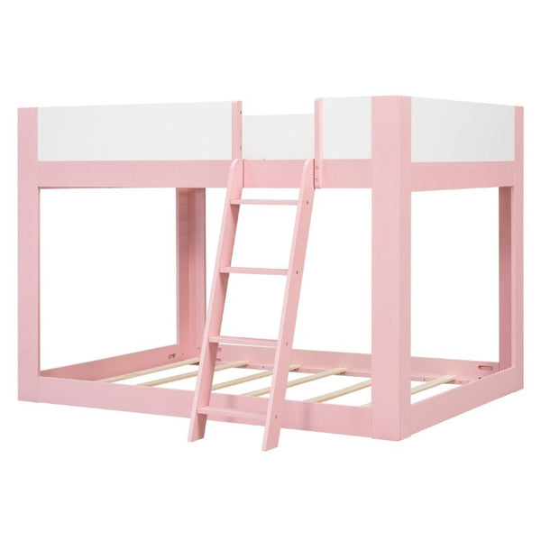 English Elm Full Size Low Bunk Bed Pine Wood Frame with Reversible Ladder and Safety Guardrails Pink LT000446AAH