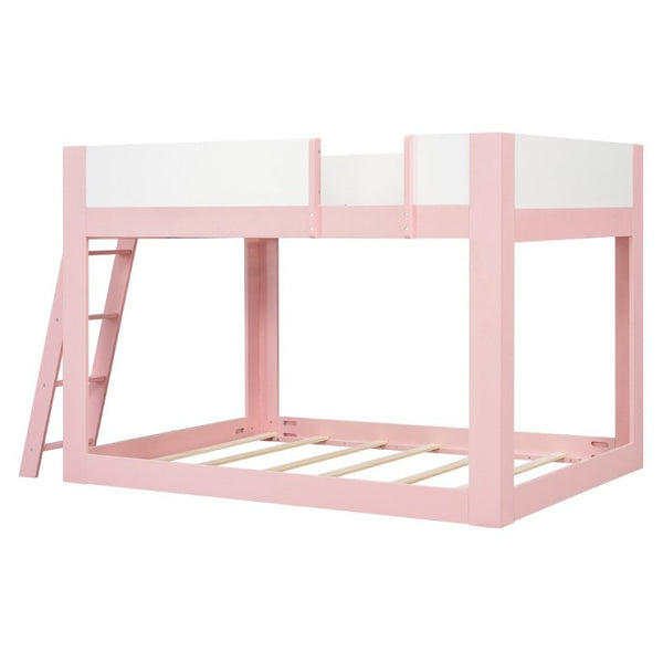 English Elm Full Size Low Bunk Bed Pine Wood Frame with Reversible Ladder and Safety Guardrails Pink LT000446AAH