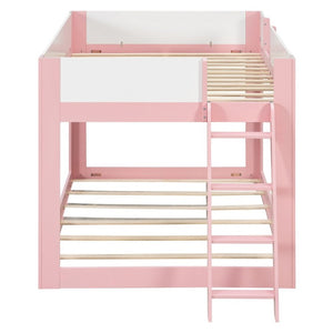 English Elm Full Size Low Bunk Bed Pine Wood Frame with Reversible Ladder and Safety Guardrails Pink LT000446AAH