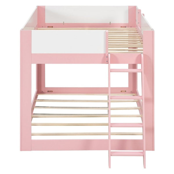 English Elm Full Size Low Bunk Bed Pine Wood Frame with Reversible Ladder and Safety Guardrails Pink LT000446AAH