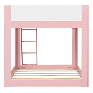 English Elm Full Size Low Bunk Bed Pine Wood Frame with Reversible Ladder and Safety Guardrails Pink LT000446AAH