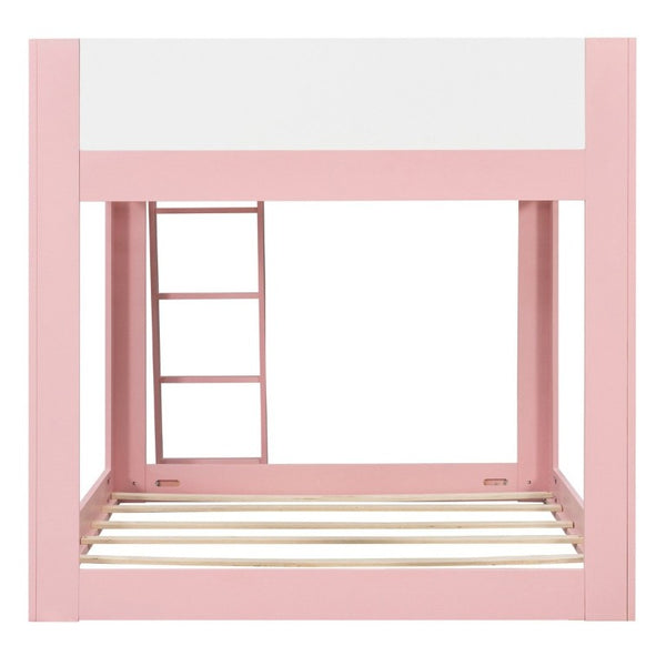 English Elm Full Size Low Bunk Bed Pine Wood Frame with Reversible Ladder and Safety Guardrails Pink LT000446AAH