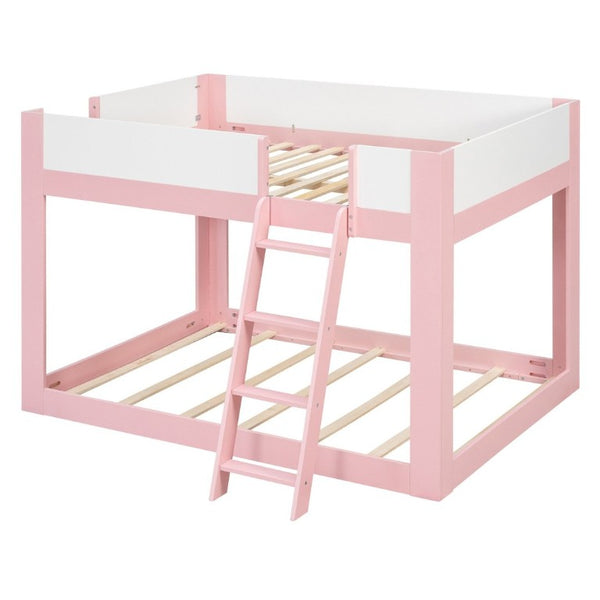 English Elm Full Size Low Bunk Bed Pine Wood Frame with Reversible Ladder and Safety Guardrails Pink LT000446AAH