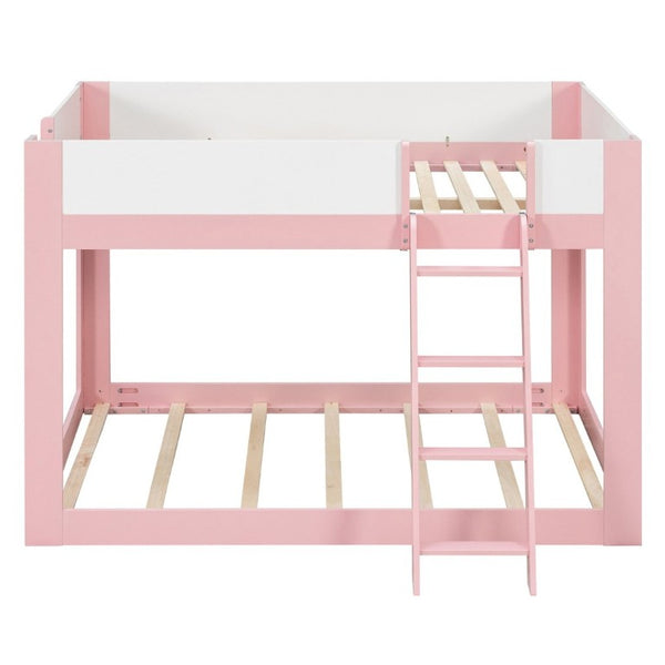 English Elm Full Size Low Bunk Bed Pine Wood Frame with Reversible Ladder and Safety Guardrails Pink LT000446AAH