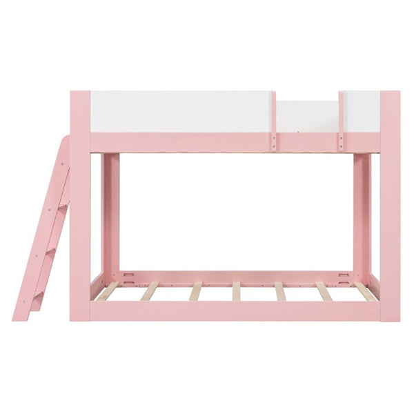 English Elm Full Size Low Bunk Bed Pine Wood Frame with Reversible Ladder and Safety Guardrails Pink LT000446AAH