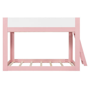 English Elm Full Size Low Bunk Bed Pine Wood Frame with Reversible Ladder and Safety Guardrails Pink LT000446AAH