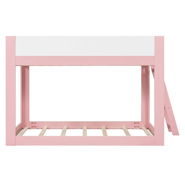 English Elm Full Size Low Bunk Bed Pine Wood Frame with Reversible Ladder and Safety Guardrails Pink LT000446AAH