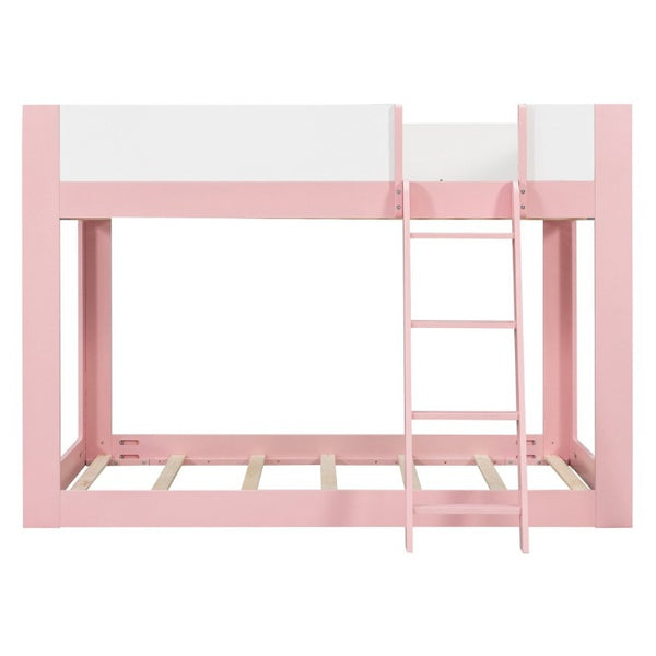 English Elm Full Size Low Bunk Bed Pine Wood Frame with Reversible Ladder and Safety Guardrails Pink LT000446AAH