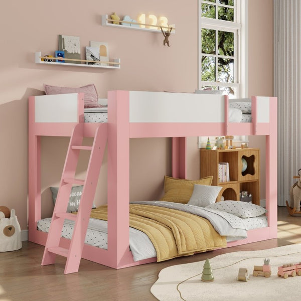 English Elm Full Size Low Bunk Bed Pine Wood Frame with Reversible Ladder and Safety Guardrails Pink LT000446AAH