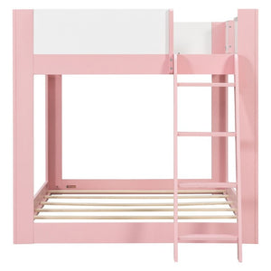 English Elm Full Size Low Bunk Bed Pine Wood Frame with Reversible Ladder and Safety Guardrails Pink LT000446AAH