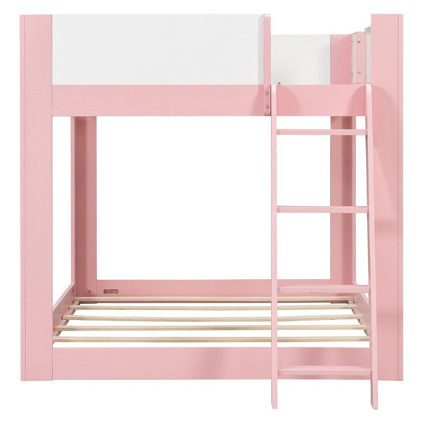English Elm Full Size Low Bunk Bed Pine Wood Frame with Reversible Ladder and Safety Guardrails Pink LT000446AAH