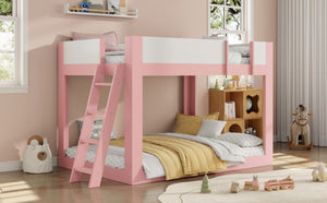 English Elm Full Size Low Bunk Bed Pine Wood Frame with Reversible Ladder and Safety Guardrails Pink LT000446AAH