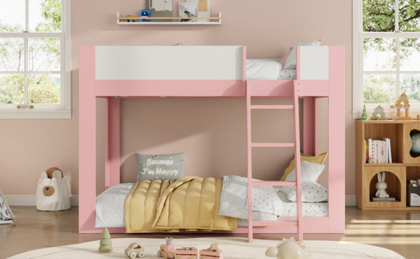 English Elm Full Size Low Bunk Bed Pine Wood Frame with Reversible Ladder and Safety Guardrails Pink LT000446AAH