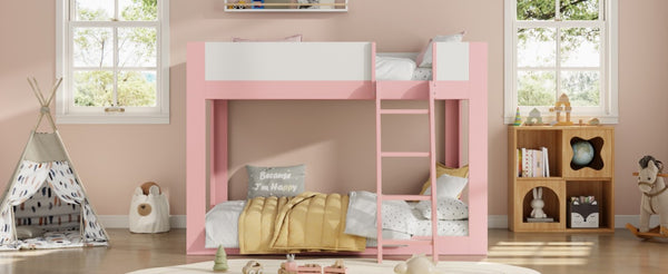 English Elm Full Size Low Bunk Bed Pine Wood Frame with Reversible Ladder and Safety Guardrails Pink LT000446AAH