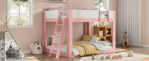 English Elm Full Size Low Bunk Bed Pine Wood Frame with Reversible Ladder and Safety Guardrails Pink LT000446AAH