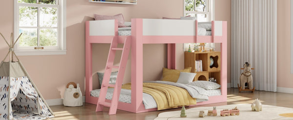 English Elm Full Size Low Bunk Bed Pine Wood Frame with Reversible Ladder and Safety Guardrails Pink LT000446AAH