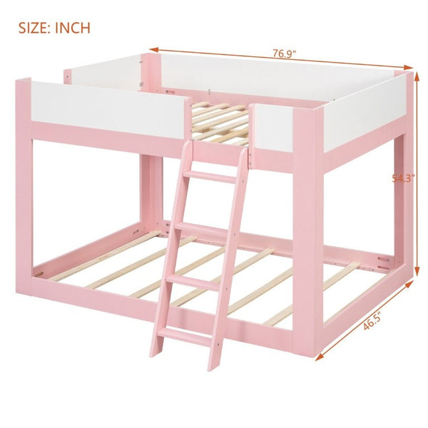 English Elm Full Size Low Bunk Bed Pine Wood Frame with Reversible Ladder and Safety Guardrails Pink LT000446AAH