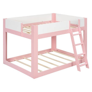 English Elm Full Size Low Bunk Bed Pine Wood Frame with Reversible Ladder and Safety Guardrails Pink LT000446AAH