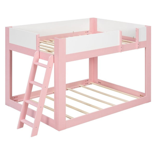 English Elm Full Size Low Bunk Bed Pine Wood Frame with Reversible Ladder and Safety Guardrails Pink LT000446AAH