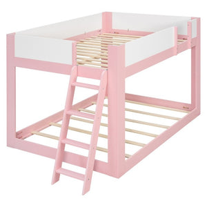 English Elm Full Size Low Bunk Bed Pine Wood Frame with Reversible Ladder and Safety Guardrails Pink LT000446AAH