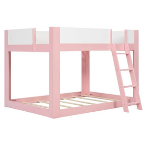 English Elm Full Size Low Bunk Bed Pine Wood Frame with Reversible Ladder and Safety Guardrails Pink LT000446AAH