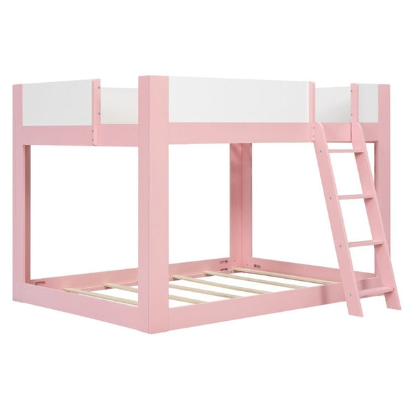 English Elm Full Size Low Bunk Bed Pine Wood Frame with Reversible Ladder and Safety Guardrails Pink LT000446AAH