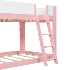 English Elm Full Size Low Bunk Bed Pine Wood Frame with Reversible Ladder and Safety Guardrails Pink LT000446AAH