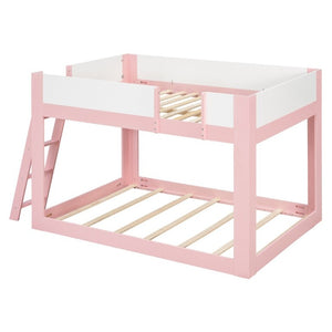 English Elm Full Size Low Bunk Bed Pine Wood Frame with Reversible Ladder and Safety Guardrails Pink LT000446AAH