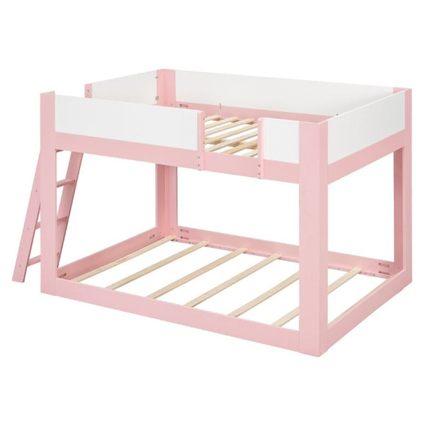 English Elm Full Size Low Bunk Bed Pine Wood Frame with Reversible Ladder and Safety Guardrails Pink LT000446AAH