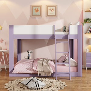 English Elm Full Size Low Bunk Bed Pine Wood Frame with Reversible Ladder and Safety Guardrails Purple LT000446AAI