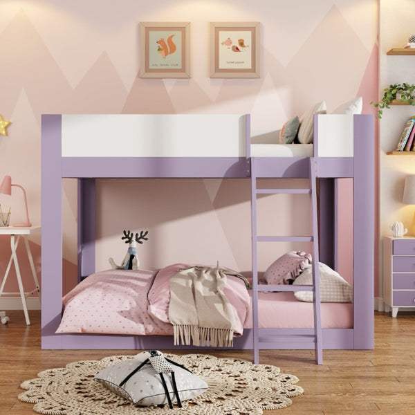 English Elm Full Size Low Bunk Bed Pine Wood Frame with Reversible Ladder and Safety Guardrails Purple LT000446AAI