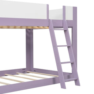 English Elm Full Size Low Bunk Bed Pine Wood Frame with Reversible Ladder and Safety Guardrails Purple LT000446AAI