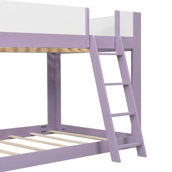English Elm Full Size Low Bunk Bed Pine Wood Frame with Reversible Ladder and Safety Guardrails Purple LT000446AAI