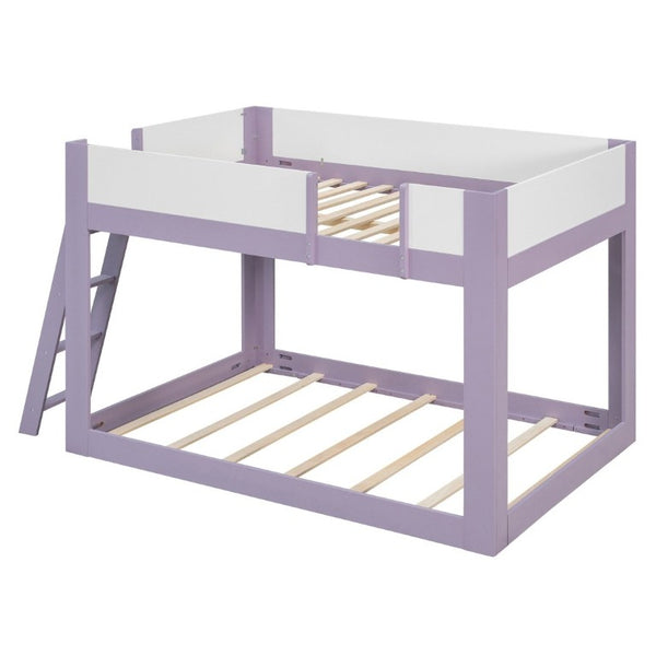 English Elm Full Size Low Bunk Bed Pine Wood Frame with Reversible Ladder and Safety Guardrails Purple LT000446AAI